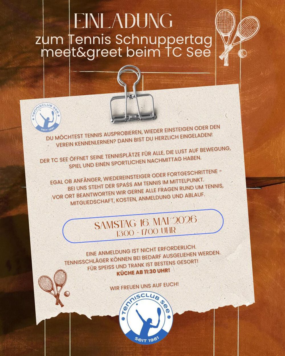 Tennis Schnuppertag Samstag 16. Mai 2026 13:00-17:00 Uhr